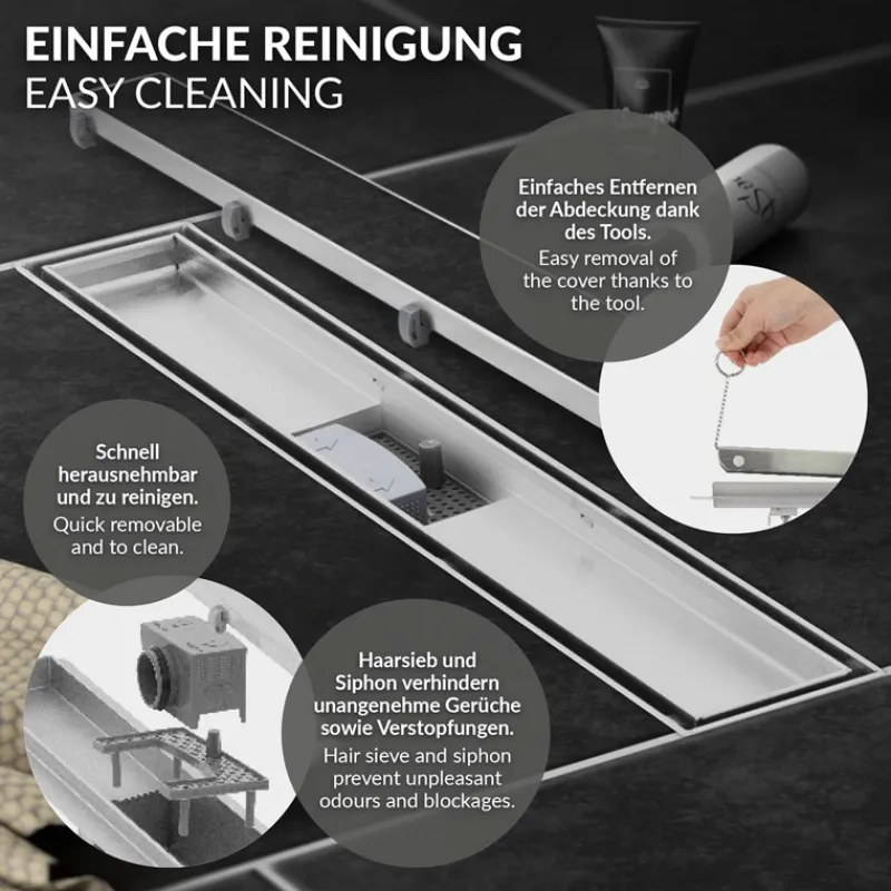 Edelstahl Duschrinne befliesbar 60 cm und Siphon Komplettset Silber flach LuxeBath-ECD Germany Outlet