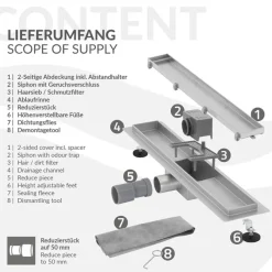 Edelstahl Duschrinne befliesbar 60 cm und Siphon Komplettset Silber flach LuxeBath-ECD Germany Outlet