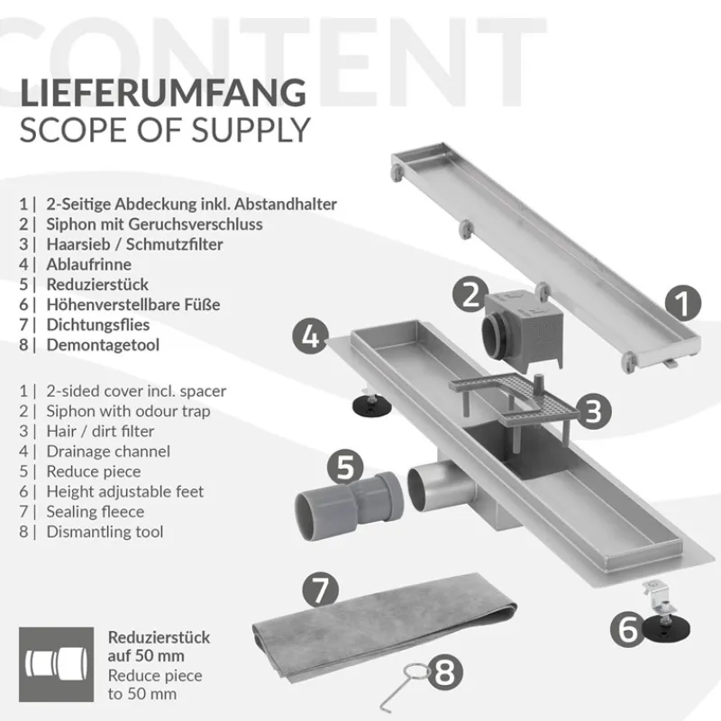 Edelstahl Duschrinne befliesbar 60 cm und Siphon Komplettset Silber flach LuxeBath-ECD Germany Outlet