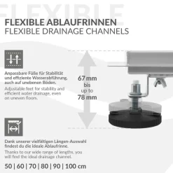 Edelstahl Duschrinne befliesbar 80 cm und Siphon Komplettset Silber flach LuxeBath-ECD Germany New