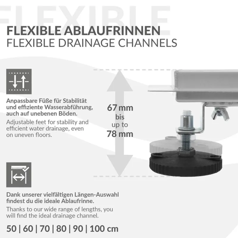 Edelstahl Duschrinne befliesbar 80 cm und Siphon Komplettset Silber flach LuxeBath-ECD Germany New