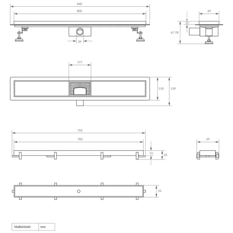 Edelstahl Duschrinne befliesbar 80 cm und Siphon Komplettset Silber flach LuxeBath-ECD Germany New