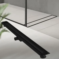 Edelstahl Duschrinne befliesbar 100 cm und Siphon Komplettset Schwarz flach LuxeBath-ECD Germany