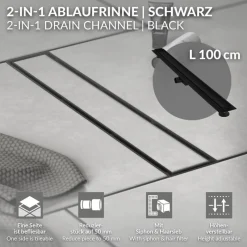 Edelstahl Duschrinne befliesbar 100 cm und Siphon Komplettset Schwarz flach LuxeBath-ECD Germany
