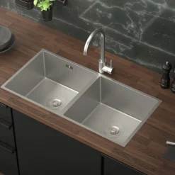 Einbauspüle mit Doppelbecken Silber Küchenspüle mit Ab- und Überlaufgarnitur aus Edelstahl ML-Design-ECD Germany Online