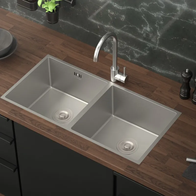 Einbauspüle mit Doppelbecken Silber Küchenspüle mit Ab- und Überlaufgarnitur aus Edelstahl ML-Design-ECD Germany Online