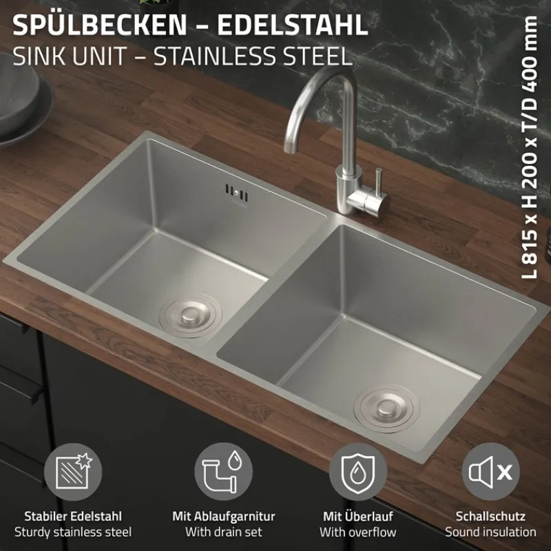 Einbauspüle mit Doppelbecken Silber Küchenspüle mit Ab- und Überlaufgarnitur aus Edelstahl ML-Design-ECD Germany Online