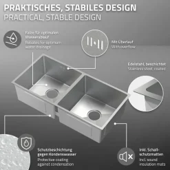 Einbauspüle mit Doppelbecken Silber Küchenspüle mit Ab- und Überlaufgarnitur aus Edelstahl ML-Design-ECD Germany Online