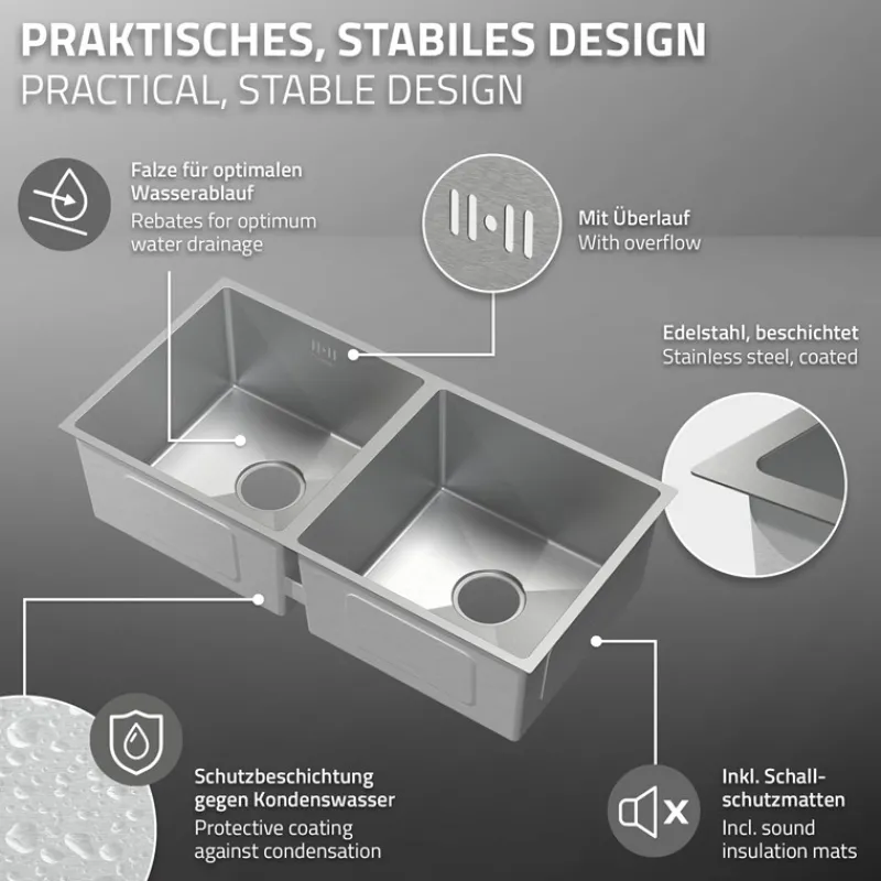 Einbauspüle mit Doppelbecken Silber Küchenspüle mit Ab- und Überlaufgarnitur aus Edelstahl ML-Design-ECD Germany Online