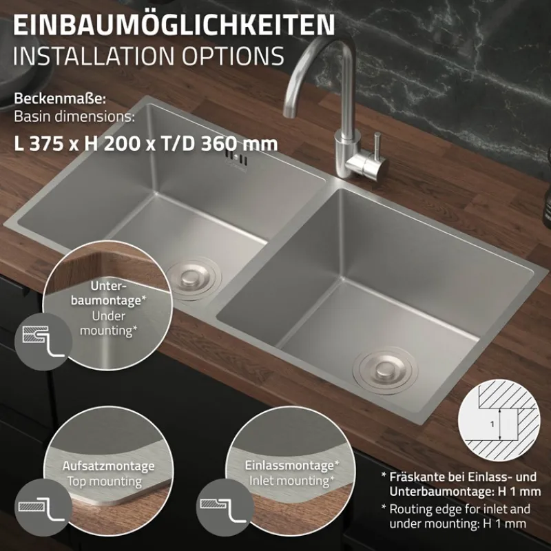 Einbauspüle mit Doppelbecken Silber Küchenspüle mit Ab- und Überlaufgarnitur aus Edelstahl ML-Design-ECD Germany Online