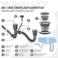 Einbauspüle mit Doppelbecken Silber Küchenspüle mit Ab- und Überlaufgarnitur aus Edelstahl ML-Design-ECD Germany Online