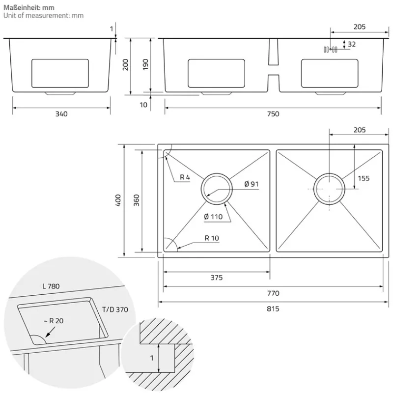 Einbauspüle mit Doppelbecken Silber Küchenspüle mit Ab- und Überlaufgarnitur aus Edelstahl ML-Design-ECD Germany Online
