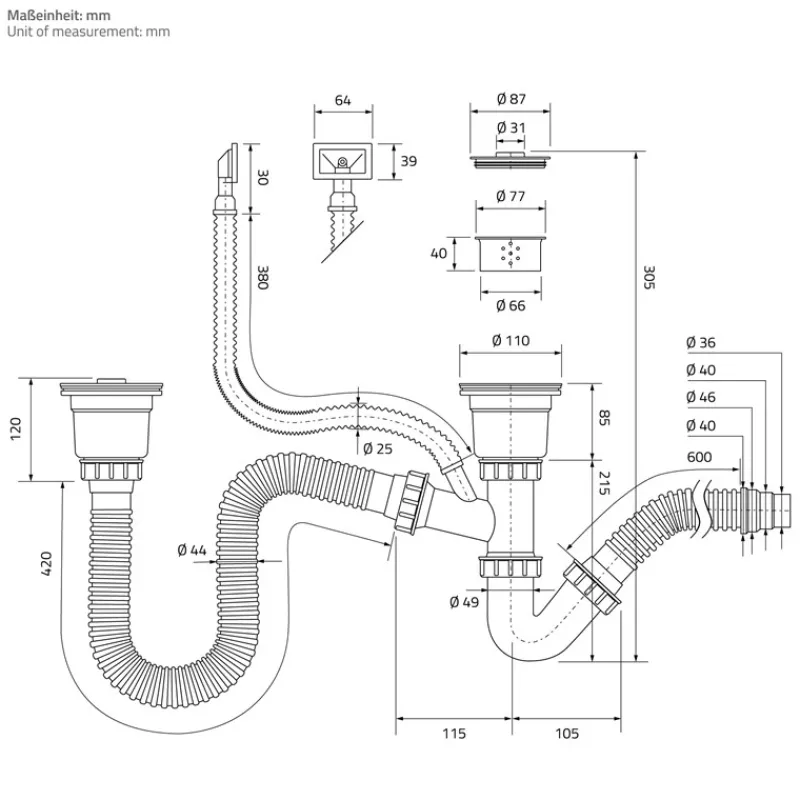 Einbauspüle mit Doppelbecken Silber Küchenspüle mit Ab- und Überlaufgarnitur aus Edelstahl ML-Design-ECD Germany Online