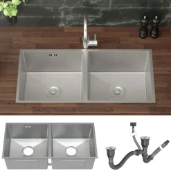 Einbauspüle mit Doppelbecken Silber Küchenspüle mit Ab- und Überlaufgarnitur aus Edelstahl ML-Design-ECD Germany Online