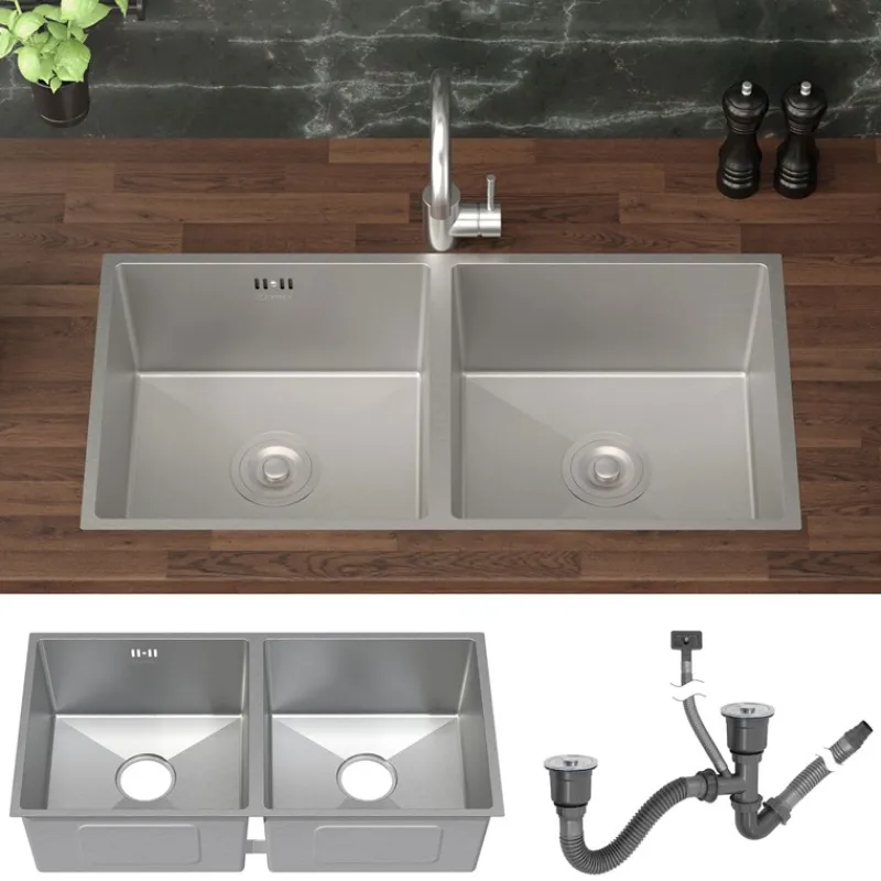 Einbauspüle mit Doppelbecken Silber Küchenspüle mit Ab- und Überlaufgarnitur aus Edelstahl ML-Design-ECD Germany Online