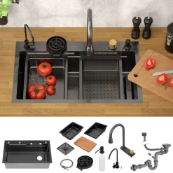 Einbauspüle mit Wasserhahn Komplett Set 8-teilig Anthrazit 75x46 cm aus Edelstahl ML-Design-ECD Germany Clearance