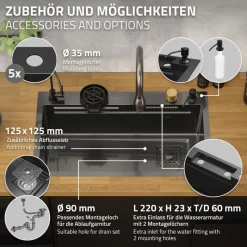 Einbauspüle mit Wasserhahn Komplett Set 8-teilig Anthrazit 75x46 cm aus Edelstahl ML-Design-ECD Germany Clearance