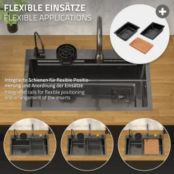 Einbauspüle mit Wasserhahn Komplett Set 8-teilig Anthrazit 75x46 cm aus Edelstahl ML-Design-ECD Germany Clearance