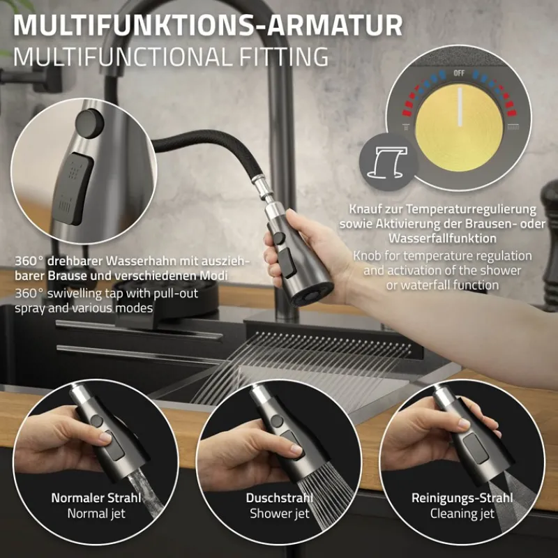 Einbauspüle mit Wasserhahn Komplett Set 8-teilig Anthrazit 75x46 cm aus Edelstahl ML-Design-ECD Germany Clearance