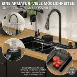 Einbauspüle mit Wasserhahn Komplett Set 8-teilig Anthrazit 75x46 cm aus Edelstahl ML-Design-ECD Germany Clearance
