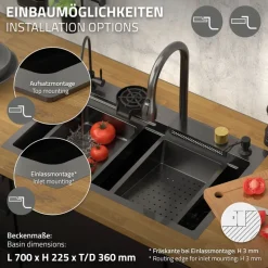 Einbauspüle mit Wasserhahn Komplett Set 8-teilig Anthrazit 75x46 cm aus Edelstahl ML-Design-ECD Germany Clearance