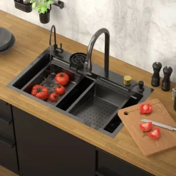 Einbauspüle mit Wasserhahn Komplett Set 8-teilig Anthrazit 75x46 cm aus Edelstahl ML-Design-ECD Germany Clearance