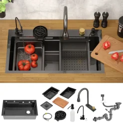 Einbauspüle mit Wasserhahn Komplett Set 8-teilig Anthrazit 80x46 cm aus Edelstahl ML-Design-ECD Germany