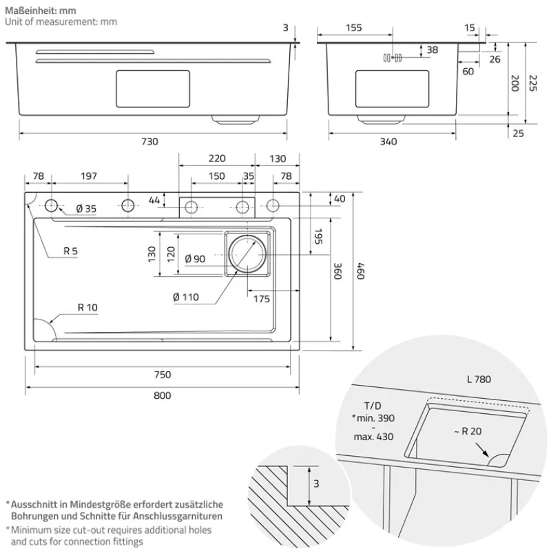 Einbauspüle mit Wasserhahn Komplett Set 8-teilig Anthrazit 80x46 cm aus Edelstahl ML-Design-ECD Germany