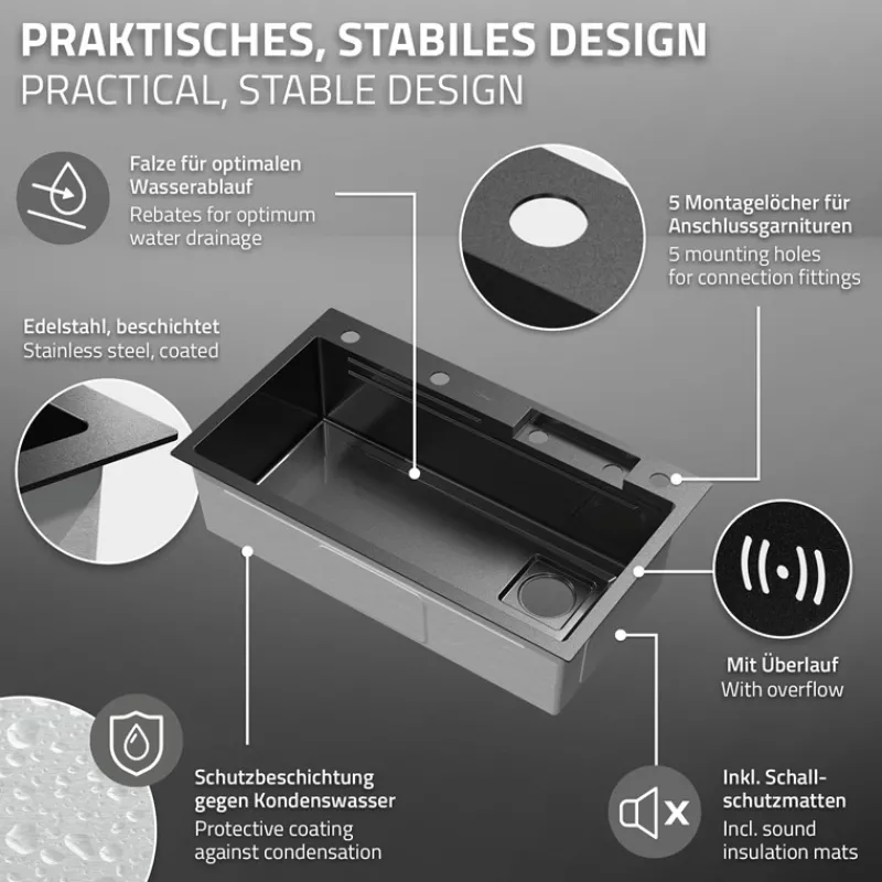 Einbauspüle mit Wasserhahn Komplett Set 8-teilig Anthrazit 80x46 cm aus Edelstahl ML-Design-ECD Germany