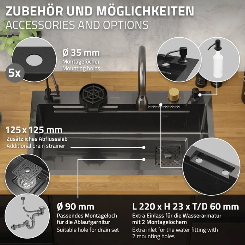Einbauspüle mit Wasserhahn Komplett Set 8-teilig Anthrazit 80x46 cm aus Edelstahl ML-Design-ECD Germany