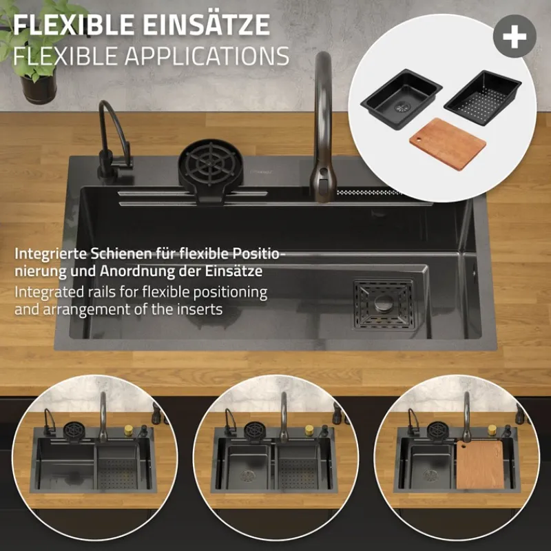 Einbauspüle mit Wasserhahn Komplett Set 8-teilig Anthrazit 80x46 cm aus Edelstahl ML-Design-ECD Germany