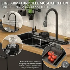 Einbauspüle mit Wasserhahn Komplett Set 8-teilig Anthrazit 80x46 cm aus Edelstahl ML-Design-ECD Germany