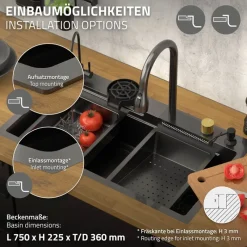 Einbauspüle mit Wasserhahn Komplett Set 8-teilig Anthrazit 80x46 cm aus Edelstahl ML-Design-ECD Germany