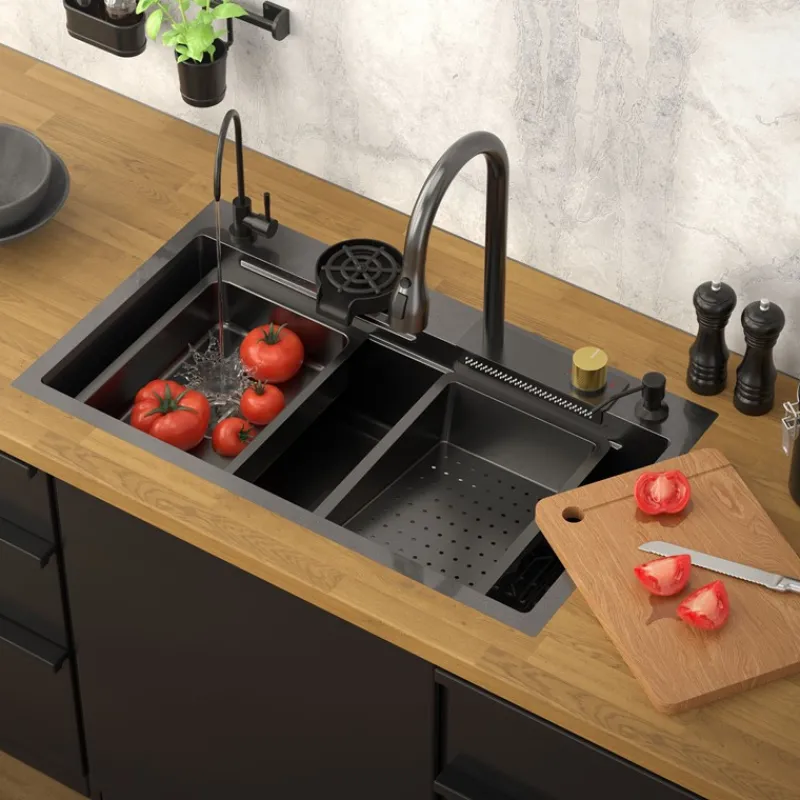 Einbauspüle mit Wasserhahn Komplett Set 8-teilig Anthrazit 80x46 cm aus Edelstahl ML-Design-ECD Germany