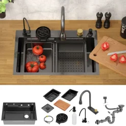 Einbauspüle mit Wasserhahn Komplett Set 8-teilig Anthrazit 68x46 cm aus Edelstahl ML-Design-ECD Germany Best