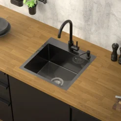 Einbauspüle 45x45 cm Anthrazit mit Ablaufgarnitur und Überlauf aus Edelstahl ML-Design-ECD Germany Best