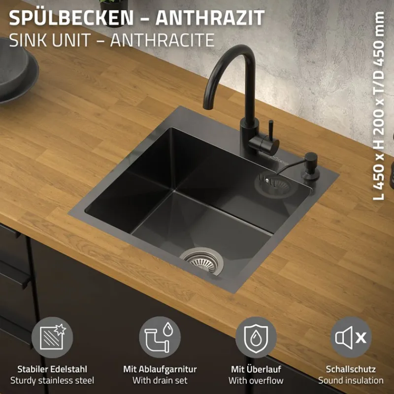 Einbauspüle 45x45 cm Anthrazit mit Ablaufgarnitur und Überlauf aus Edelstahl ML-Design-ECD Germany Best