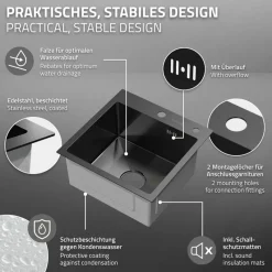 Einbauspüle 45x45 cm Anthrazit mit Ablaufgarnitur und Überlauf aus Edelstahl ML-Design-ECD Germany Best