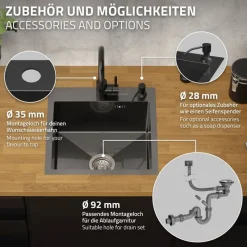 Einbauspüle 45x45 cm Anthrazit mit Ablaufgarnitur und Überlauf aus Edelstahl ML-Design-ECD Germany Best
