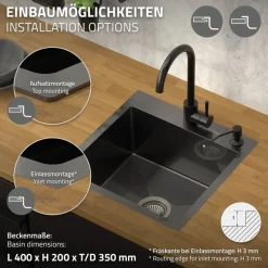 Einbauspüle 45x45 cm Anthrazit mit Ablaufgarnitur und Überlauf aus Edelstahl ML-Design-ECD Germany Best