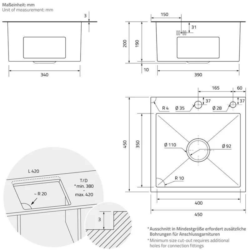 Einbauspüle 45x45 cm Anthrazit mit Ablaufgarnitur und Überlauf aus Edelstahl ML-Design-ECD Germany Best