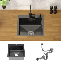 Einbauspüle 45x45 cm Anthrazit mit Ablaufgarnitur und Überlauf aus Edelstahl ML-Design-ECD Germany Best