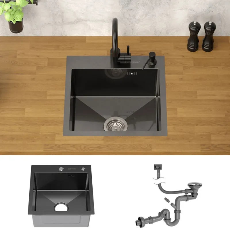 Einbauspüle 45x45 cm Anthrazit mit Ablaufgarnitur und Überlauf aus Edelstahl ML-Design-ECD Germany Best
