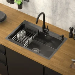 Einbauspüle 68x45 cm Anthrazit mit Ablaufgarnitur und Seifenspender Küchenspüle aus Edelstahl ML-Design-ECD Germany Best