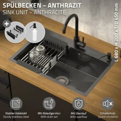 Einbauspüle 68x45 cm Anthrazit mit Ablaufgarnitur und Seifenspender Küchenspüle aus Edelstahl ML-Design-ECD Germany Best