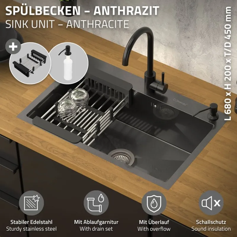 Einbauspüle 68x45 cm Anthrazit mit Ablaufgarnitur und Seifenspender Küchenspüle aus Edelstahl ML-Design-ECD Germany Best