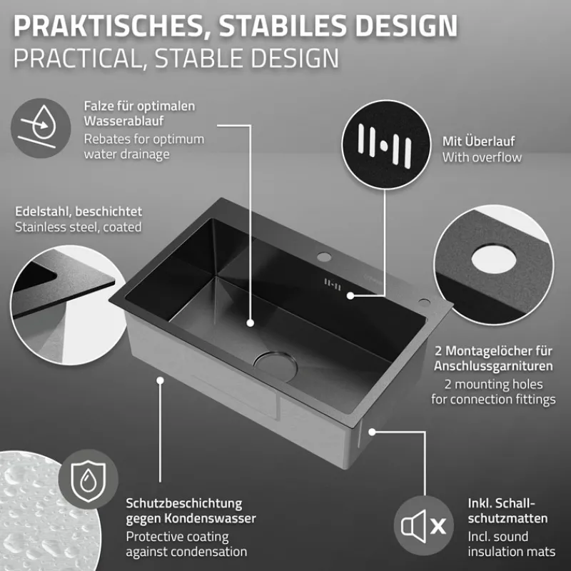 Einbauspüle 68x45 cm Anthrazit mit Ablaufgarnitur und Seifenspender Küchenspüle aus Edelstahl ML-Design-ECD Germany Best