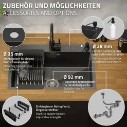 Einbauspüle 68x45 cm Anthrazit mit Ablaufgarnitur und Seifenspender Küchenspüle aus Edelstahl ML-Design-ECD Germany Best