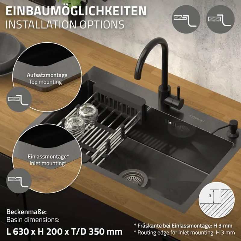 Einbauspüle 68x45 cm Anthrazit mit Ablaufgarnitur und Seifenspender Küchenspüle aus Edelstahl ML-Design-ECD Germany Best