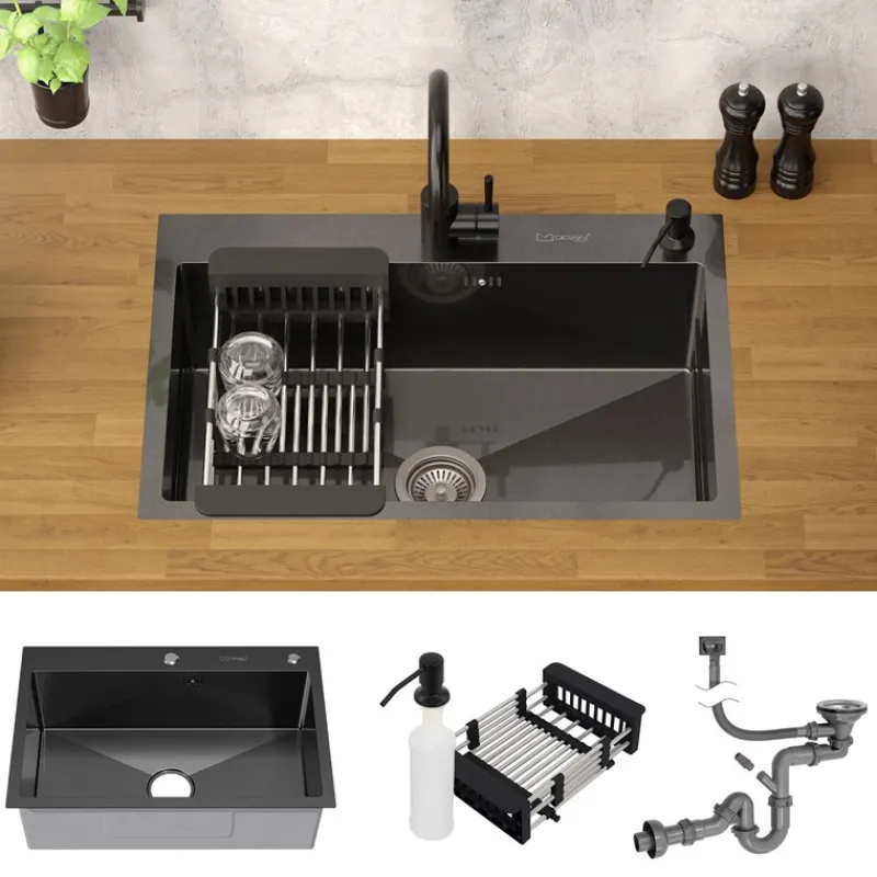 Einbauspüle 68x45 cm Anthrazit mit Ablaufgarnitur und Seifenspender Küchenspüle aus Edelstahl ML-Design-ECD Germany Best